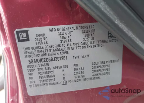 2011 Buick Enclave 2Xl from USA, damaged, VIN 5GAKVCED6BJ301281